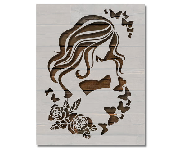 Girl Long Hair Eyes Roses Butterfly Model Stencil (631)