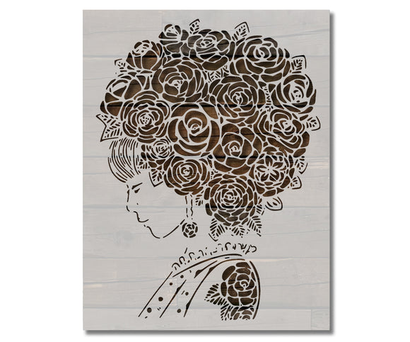 Roses Flowers Girl Fro Afro Lady Curls Stencil (637)