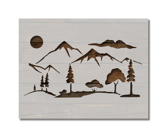 Mountains Trees Landscape Scenery Woods Stencil (721)