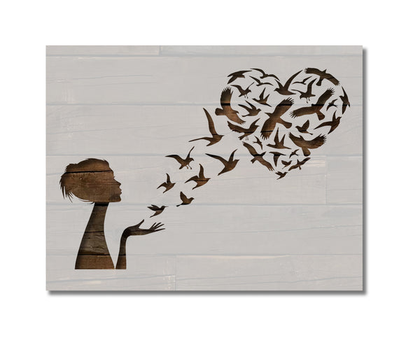 Woman Girl Heart Birds Love Stencil (781)