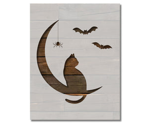 Halloween Cat on Moon with Bats Stencil (930)